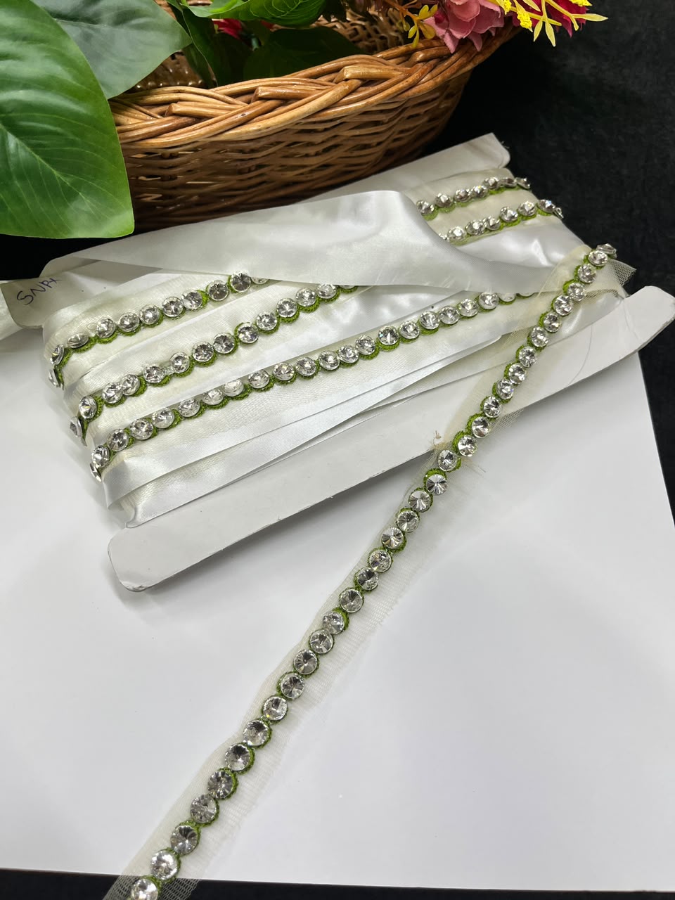 Designer Diamond Crystal Lace for Sarees, Lehengas, Dupattas & Blouses – Premium Handmade Decorative Lace Border (Half Inch) | DC1008 | Mahendi
