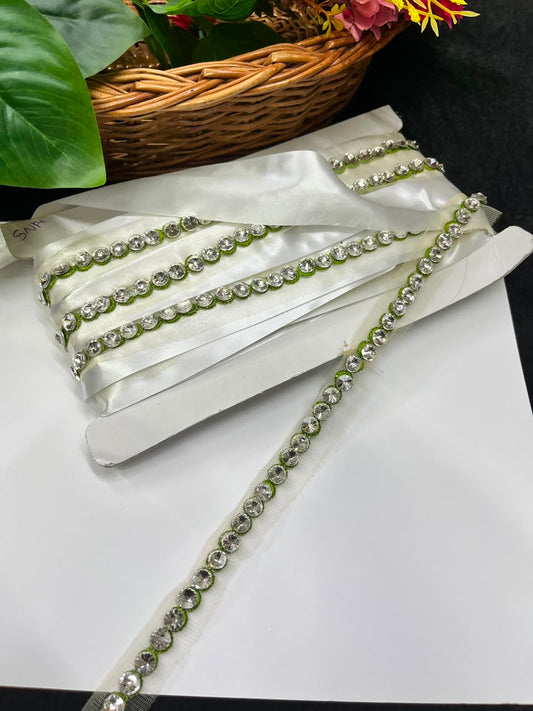 Designer Diamond Crystal Lace for Sarees, Lehengas, Dupattas & Blouses – Premium Handmade Decorative Lace Border (Half Inch) | DC1008 | Mahendi