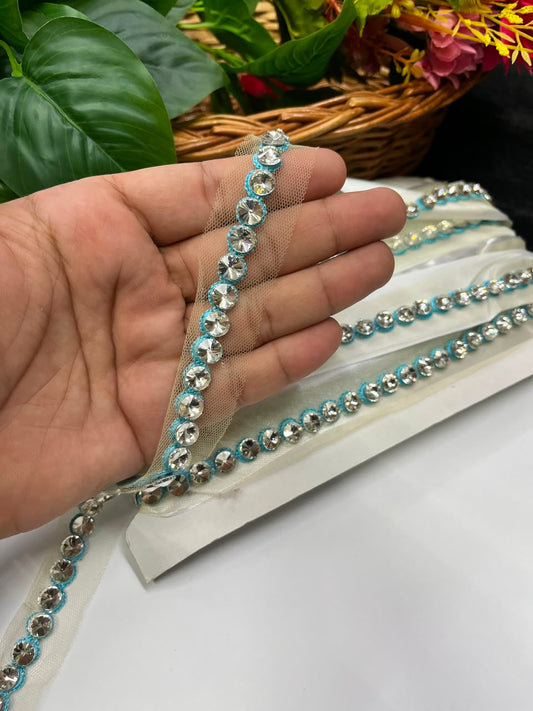 Designer Diamond Crystal Lace for Sarees, Lehengas, Dupattas & Blouses – Premium Handmade Decorative Lace Border (Half Inch) | DC1008 | Sky Blue