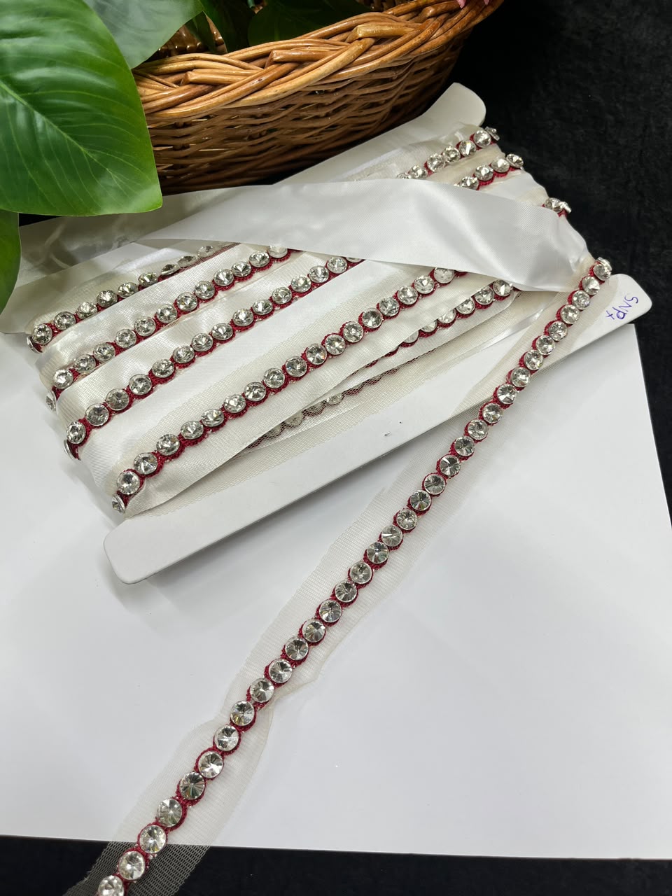 Designer Diamond Crystal Lace for Sarees, Lehengas, Dupattas & Blouses – Premium Handmade Decorative Lace Border (Half Inch) | DC1008 | Maroon