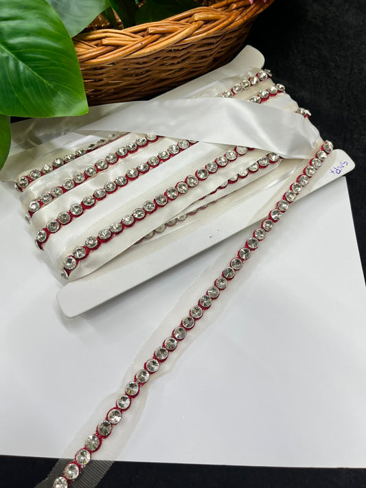 Designer Diamond Crystal Lace for Sarees, Lehengas, Dupattas & Blouses – Premium Handmade Decorative Lace Border (Half Inch) | DC1008 | Maroon
