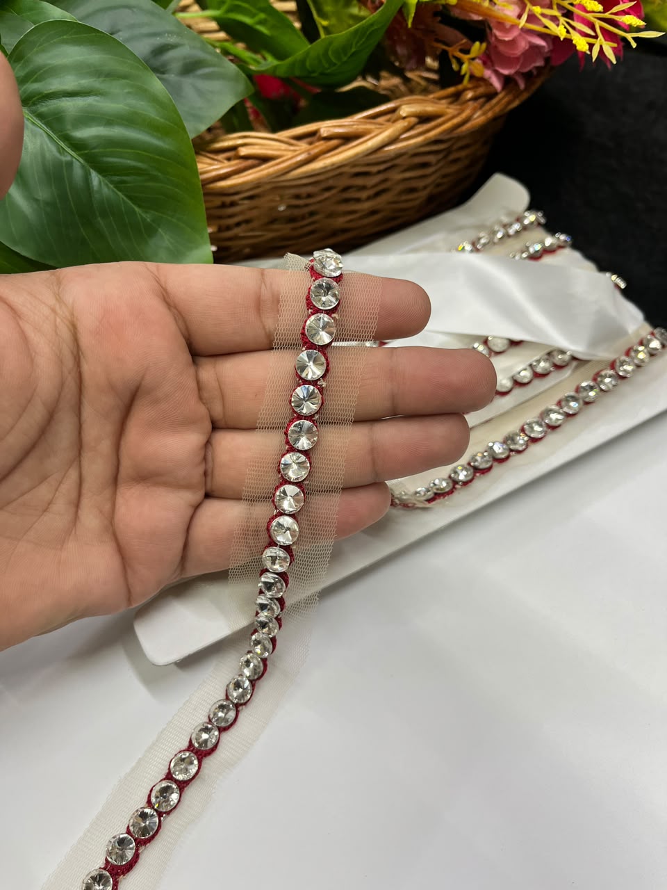 Designer Diamond Crystal Lace for Sarees, Lehengas, Dupattas & Blouses – Premium Handmade Decorative Lace Border (Half Inch) | DC1008 | Maroon