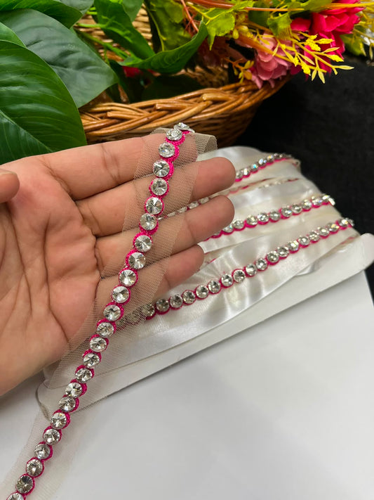Designer Diamond Crystal Lace for Sarees, Lehengas, Dupattas & Blouses – Premium Handmade Decorative Lace Border (Half Inch) | DC1008 | Rani Pink