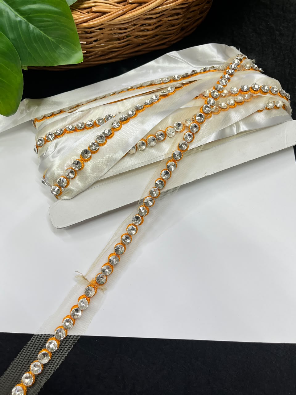 Designer Diamond Crystal Lace for Sarees, Lehengas, Dupattas & Blouses – Premium Handmade Decorative Lace Border (Half Inch) | DC1008 | Yellow