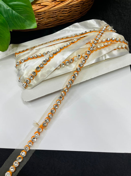 Designer Diamond Crystal Lace for Sarees, Lehengas, Dupattas & Blouses – Premium Handmade Decorative Lace Border (Half Inch) | DC1008 | Yellow