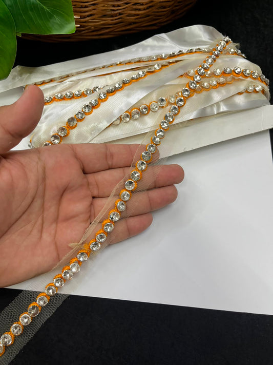 Designer Diamond Crystal Lace for Sarees, Lehengas, Dupattas & Blouses – Premium Handmade Decorative Lace Border (Half Inch) | DC1008 | Yellow