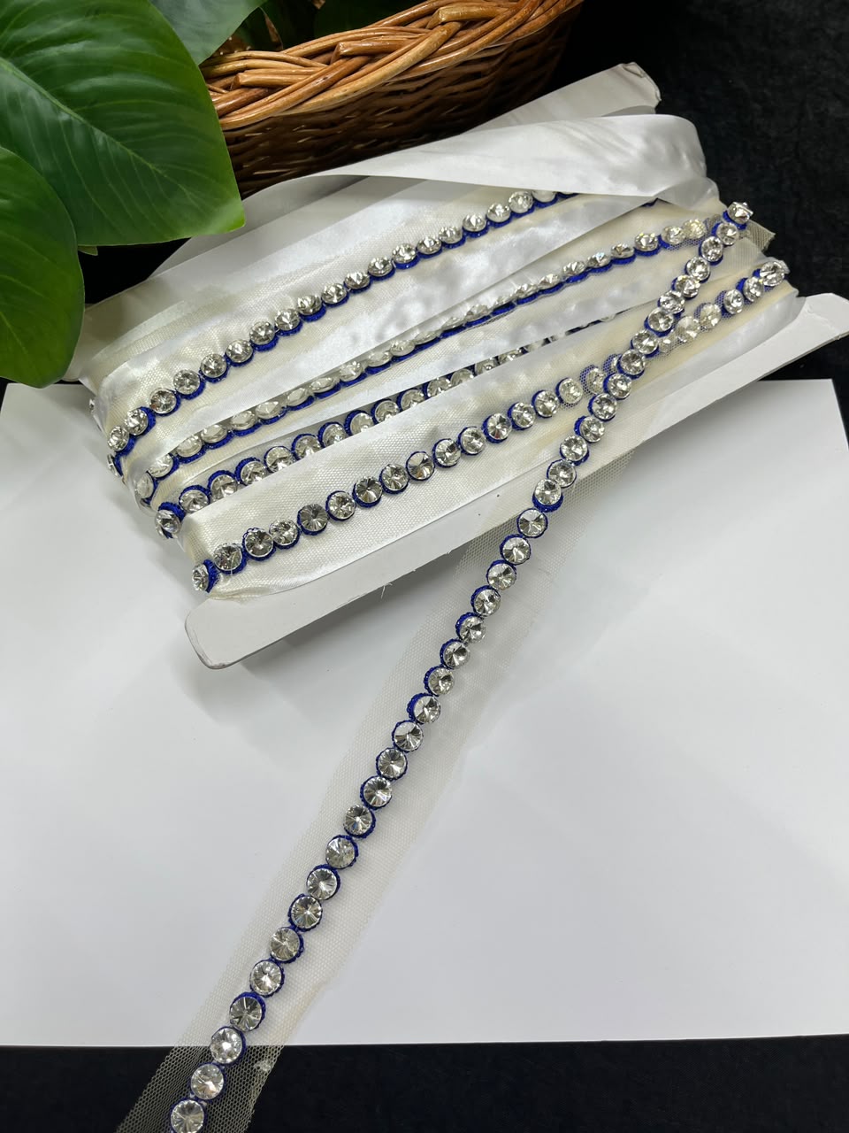 Designer Diamond Crystal Lace for Sarees, Lehengas, Dupattas & Blouses – Premium Handmade Decorative Lace Border (Half Inch) | DC1008 | Navy Blue