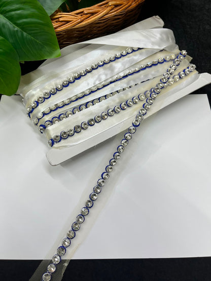 Designer Diamond Crystal Lace for Sarees, Lehengas, Dupattas & Blouses – Premium Handmade Decorative Lace Border (Half Inch) | DC1008 | Navy Blue