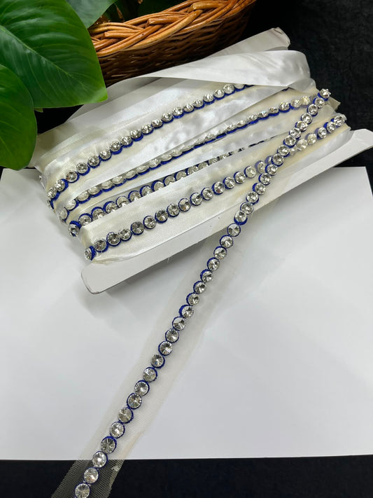 Designer Diamond Crystal Lace for Sarees, Lehengas, Dupattas & Blouses – Premium Handmade Decorative Lace Border (Half Inch) | DC1008 | Navy Blue