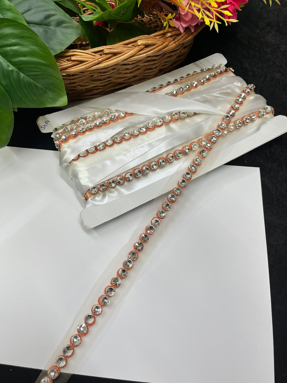 Designer Diamond Crystal Lace for Sarees, Lehengas, Dupattas & Blouses – Premium Handmade Decorative Lace Border (Half Inch) | DC1008 | Peach