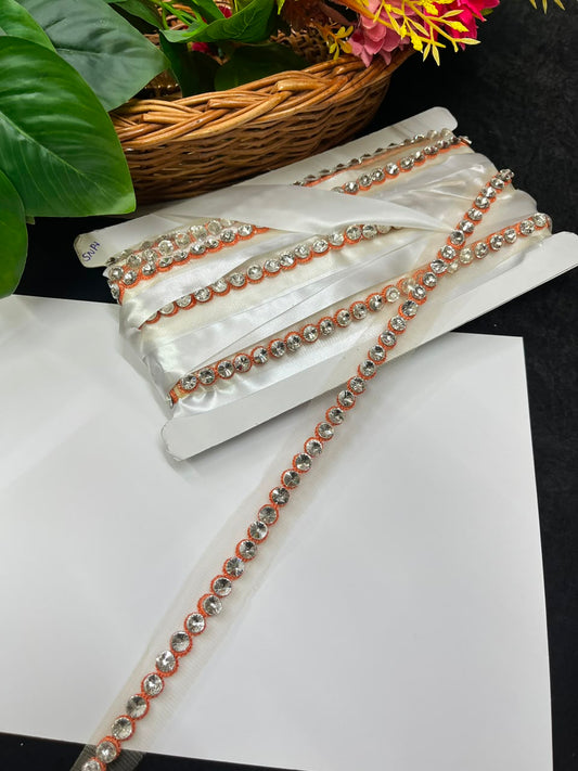 Designer Diamond Crystal Lace for Sarees, Lehengas, Dupattas & Blouses – Premium Handmade Decorative Lace Border (Half Inch) | DC1008 | Peach