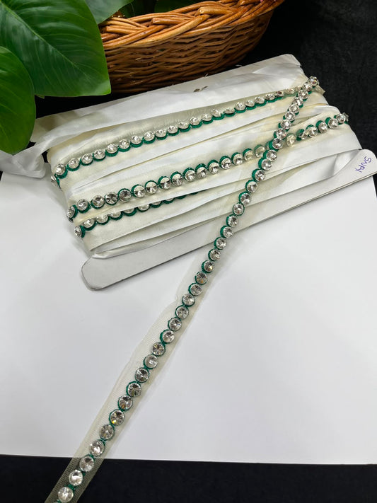 Designer Diamond Crystal Lace for Sarees, Lehengas, Dupattas & Blouses – Premium Handmade Decorative Lace Border (Half Inch) | DC1008 | Green