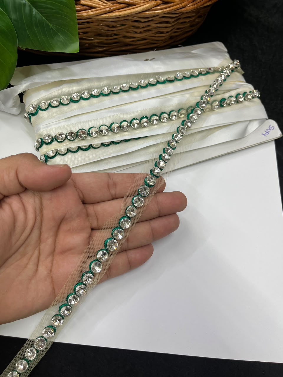 Designer Diamond Crystal Lace for Sarees, Lehengas, Dupattas & Blouses – Premium Handmade Decorative Lace Border (Half Inch) | DC1008 | Green