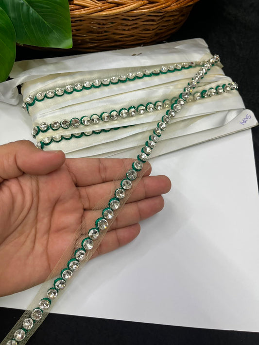 Designer Diamond Crystal Lace for Sarees, Lehengas, Dupattas & Blouses – Premium Handmade Decorative Lace Border (Half Inch) | DC1008 | Green