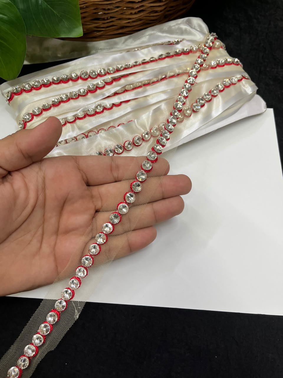 Designer Diamond Crystal Lace for Sarees, Lehengas, Dupattas & Blouses – Premium Handmade Decorative Lace Border (Half Inch) | DC1008 | Red