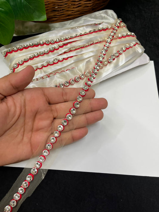 Designer Diamond Crystal Lace for Sarees, Lehengas, Dupattas & Blouses – Premium Handmade Decorative Lace Border (Half Inch) | DC1008 | Red