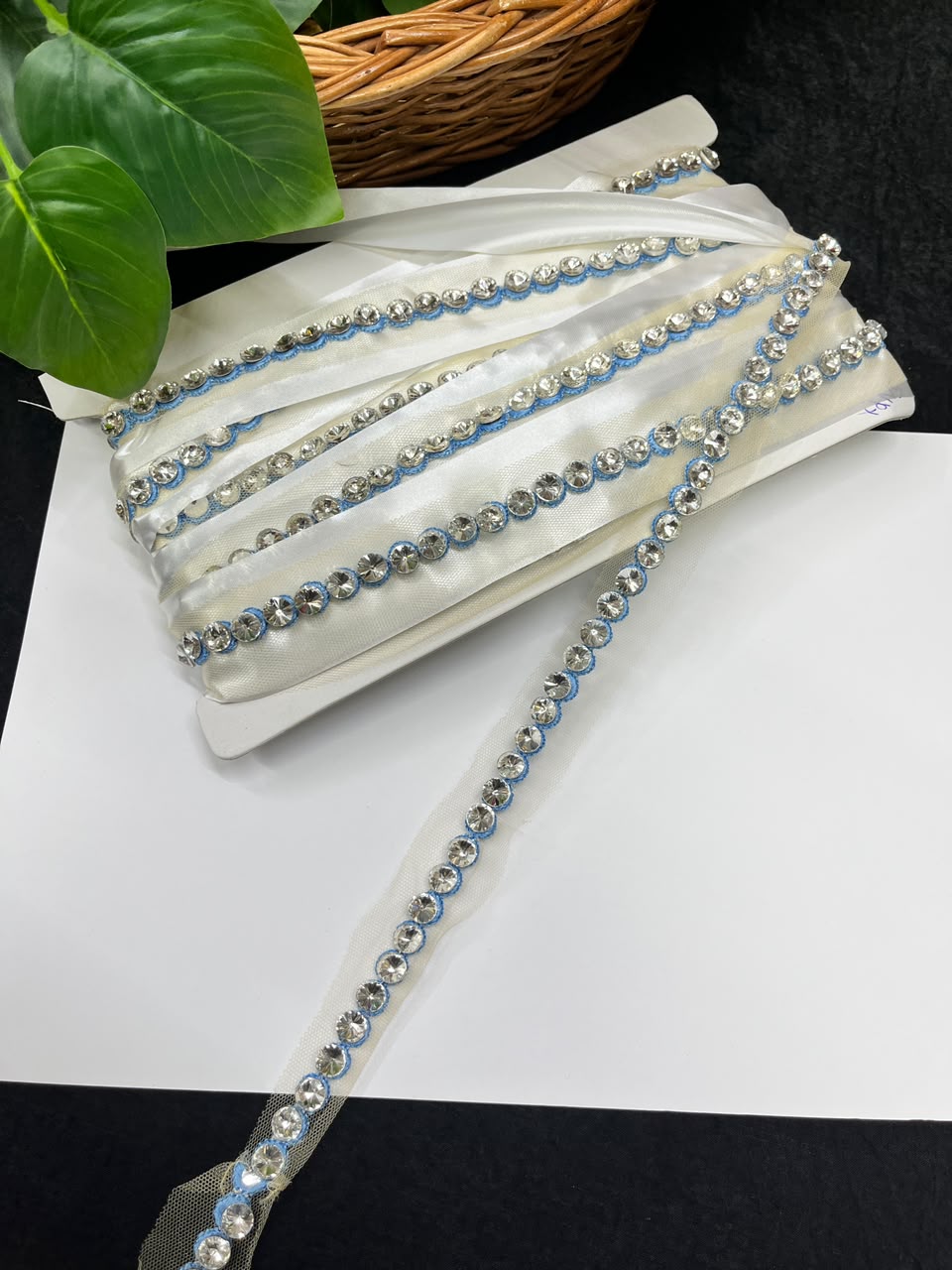 Designer Diamond Crystal Lace for Sarees, Lehengas, Dupattas & Blouses – Premium Handmade Decorative Lace Border (Half Inch) | DC1008 | Grey