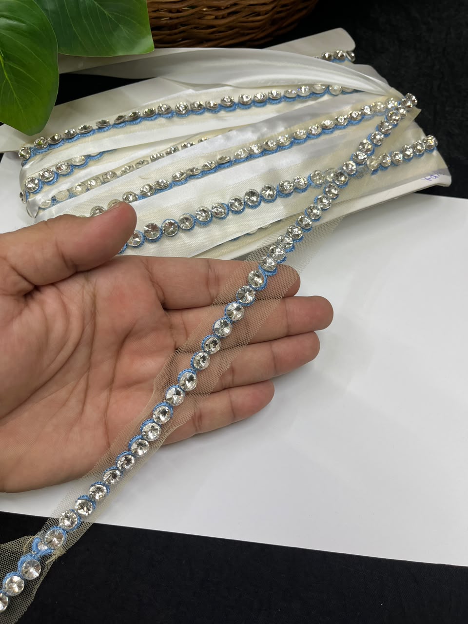 Designer Diamond Crystal Lace for Sarees, Lehengas, Dupattas & Blouses – Premium Handmade Decorative Lace Border (Half Inch) | DC1008 | Grey