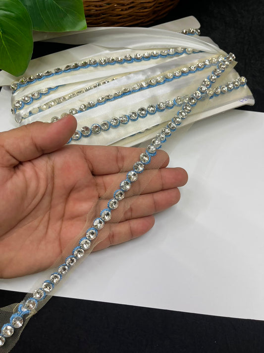 Designer Diamond Crystal Lace for Sarees, Lehengas, Dupattas & Blouses – Premium Handmade Decorative Lace Border (Half Inch) | DC1008 | Grey