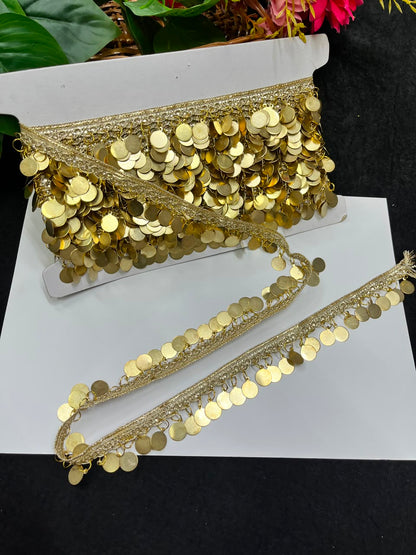 Designer Metal Coin Hanging Lace for Sarees, Lehengas & Dupattas – Ethnic Latkan Lace Border (1 Inch) | DC1010 | Gold