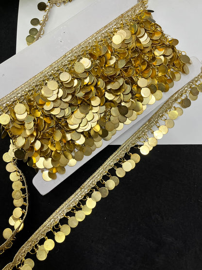 Designer Metal Coin Hanging Lace for Sarees, Lehengas & Dupattas – Ethnic Latkan Lace Border (1 Inch) | DC1010 | Gold