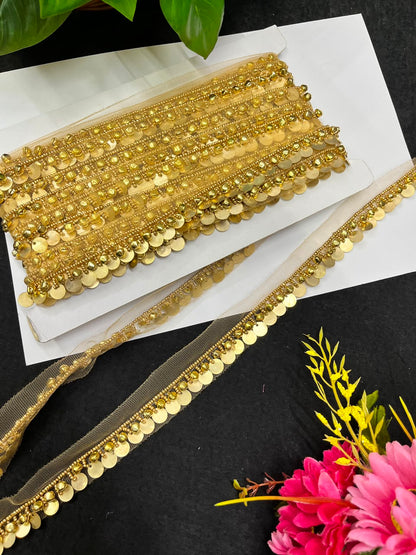 Designer Handmade Coin Lace for Women's Sarees, Dresses, Lehengas & Dupattas – Premium Decorative Coin Lace Border (1 Inch) | DC1013 | Gold