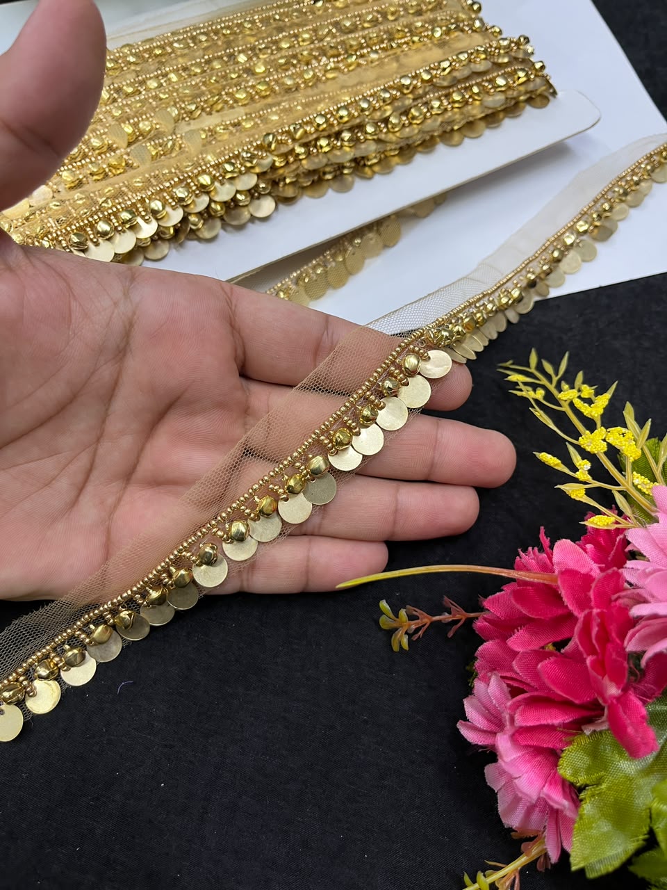 Designer Handmade Coin Lace for Women's Sarees, Dresses, Lehengas & Dupattas – Premium Decorative Coin Lace Border (1 Inch) | DC1013 | Gold