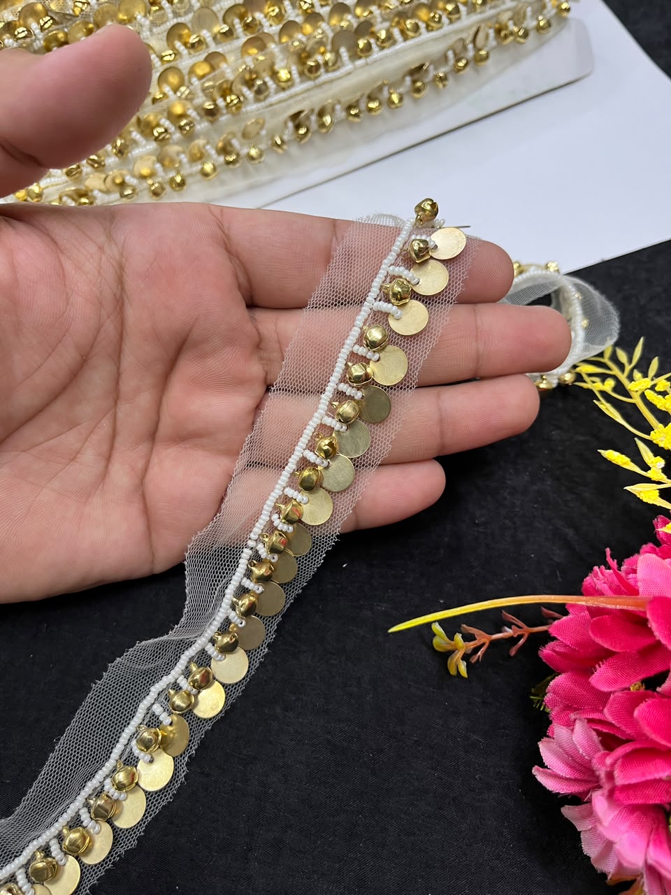 Designer Handmade Coin Lace for Women's Sarees, Dresses, Lehengas & Dupattas – Premium Decorative Coin Lace Border (1 Inch) | DC1013 | Gold