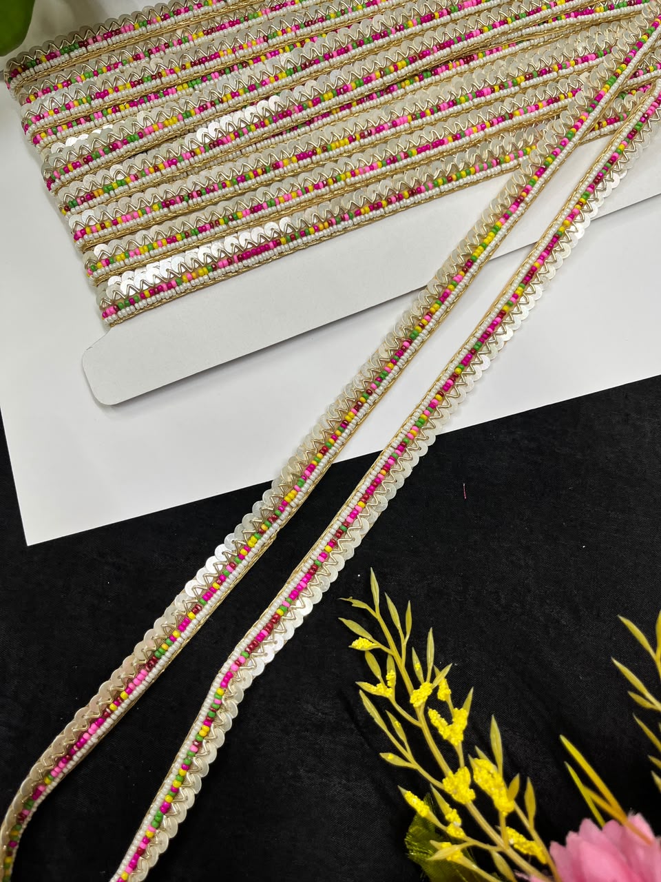 Designer Handmade Multicoloured Beads Lace for Women's Sarees, Dresses, Lehengas & Dupattas – Premium Decorative Beaded Lace Border (Half Inch) | DC1014 | Multi