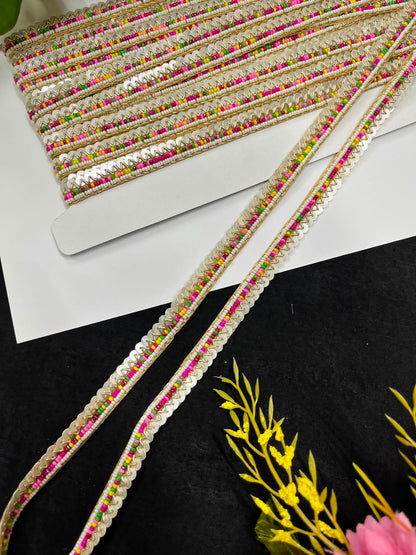 Designer Handmade Multicoloured Beads Lace for Women's Sarees, Dresses, Lehengas & Dupattas – Premium Decorative Beaded Lace Border (Half Inch) | DC1014 | Multi