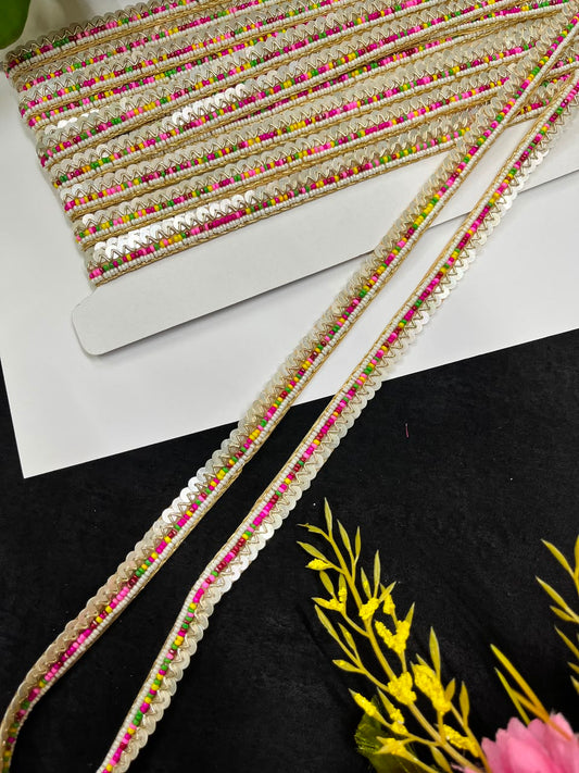 Designer Handmade Multicoloured Beads Lace for Women's Sarees, Dresses, Lehengas & Dupattas – Premium Decorative Beaded Lace Border (Half Inch) | DC1014 | Multi