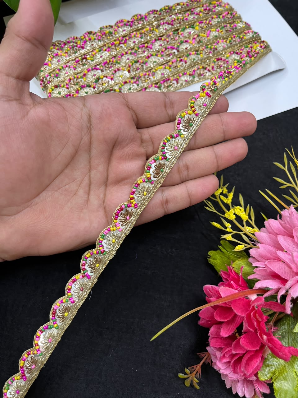 Designer Handmade Multicoloured Beads Lace for Women's Sarees, Dresses, Lehengas & Dupattas – Premium Decorative Beaded Lace Border (1 Inch) | DC1015 | Multi