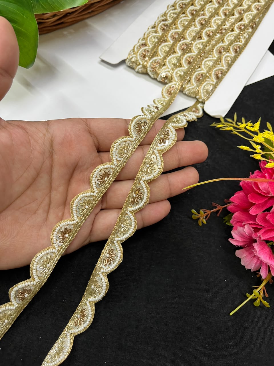 Designer Handmade Multicoloured Beads Lace for Women's Sarees, Dresses, Lehengas & Dupattas – Premium Decorative Beaded Lace Border (1 Inch) | DC1015 | Gold