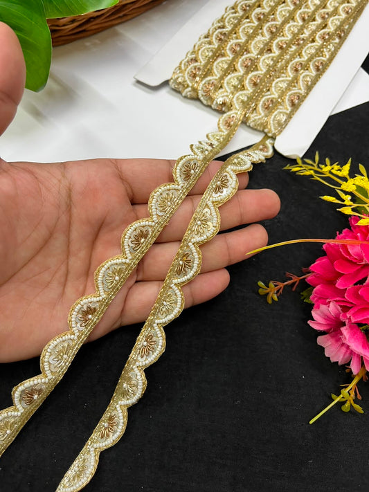 Designer Handmade Multicoloured Beads Lace for Women's Sarees, Dresses, Lehengas & Dupattas – Premium Decorative Beaded Lace Border (1 Inch) | DC1015 | Gold