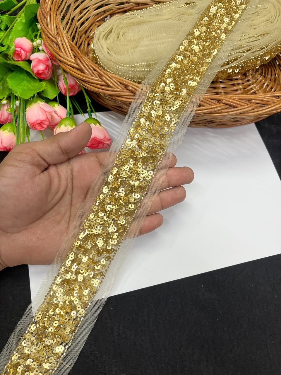 Beautiful Sequence Embroidered Lace for Sarees, Dresses, Lehengas & Dupattas – Designer Gold Embroidery Lace Border (1.5 Inch) | DC1038 | Gold