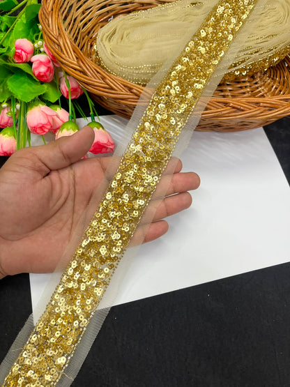 Beautiful Sequence Embroidered Lace for Sarees, Dresses, Lehengas & Dupattas – Designer Gold Embroidery Lace Border (1.5 Inch) | DC1038 | Gold
