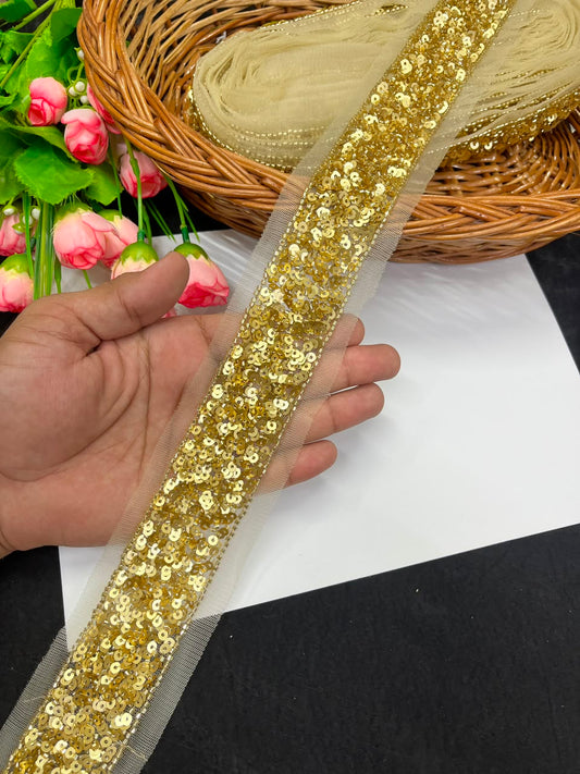 Beautiful Sequence Embroidered Lace for Sarees, Dresses, Lehengas & Dupattas – Designer Gold Embroidery Lace Border (1.5 Inch) | DC1038 | Gold
