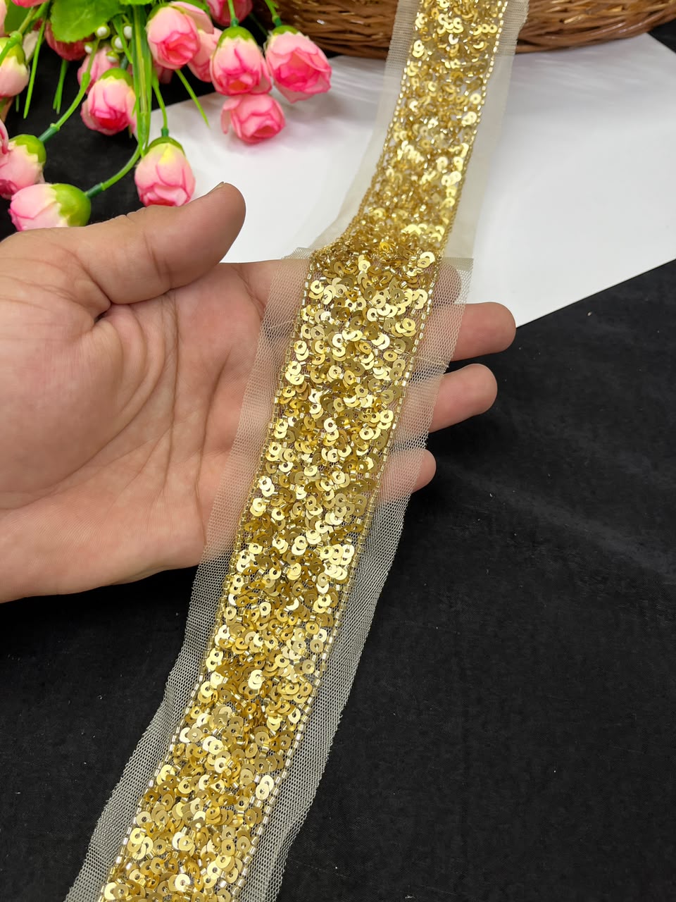 Beautiful Sequence Embroidered Lace for Sarees, Dresses, Lehengas & Dupattas – Designer Gold Embroidery Lace Border (1.5 Inch) | DC1038 | Gold