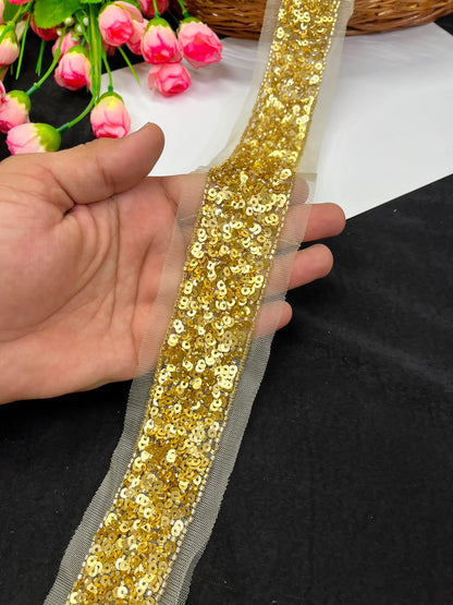 Beautiful Sequence Embroidered Lace for Sarees, Dresses, Lehengas & Dupattas – Designer Gold Embroidery Lace Border (1.5 Inch) | DC1038 | Gold