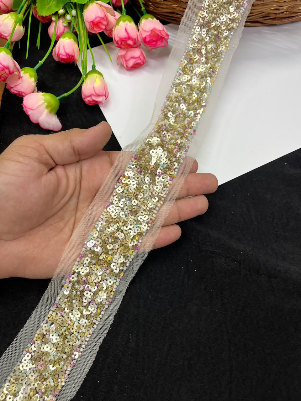 Beautiful Sequence Embroidered Lace for Sarees, Dresses, Lehengas & Dupattas – Designer Gold Embroidery Lace Border (1.5 Inch) | DC1038 | Multi