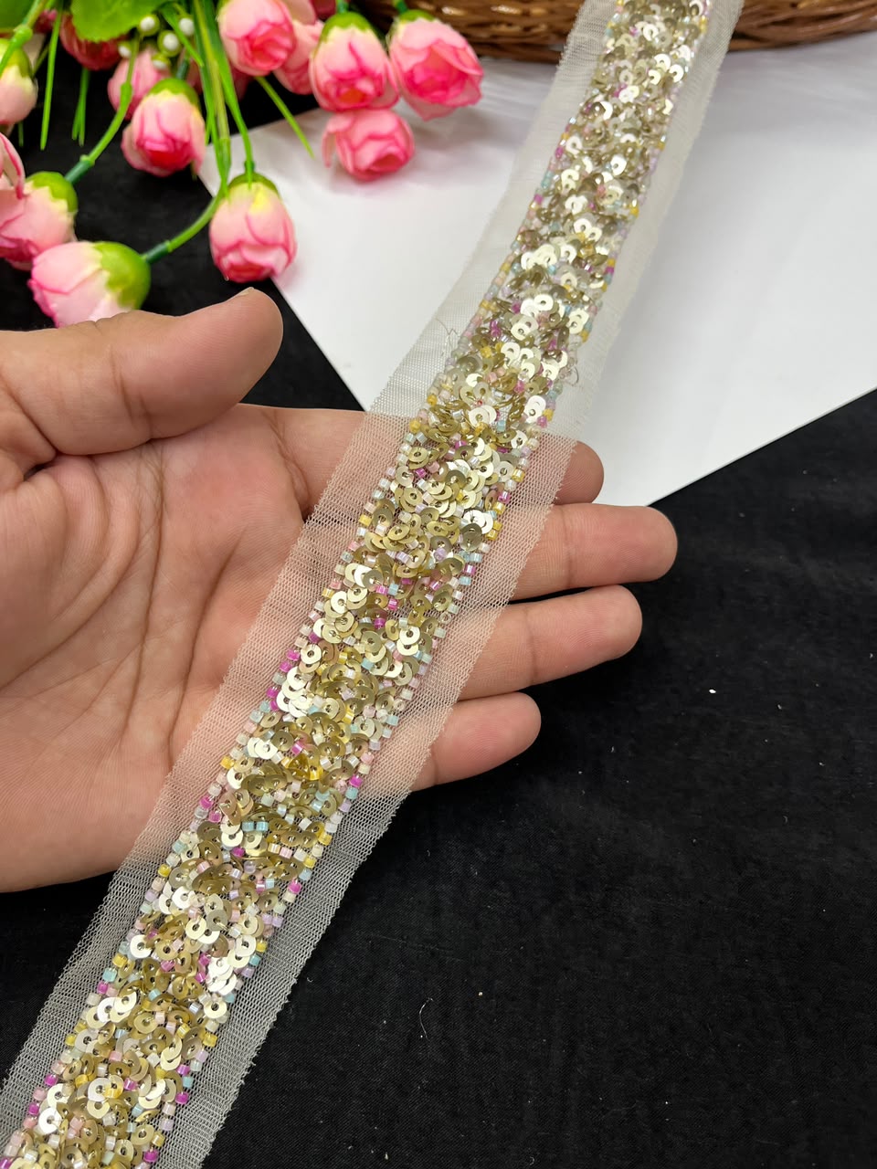 Beautiful Sequence Embroidered Lace for Sarees, Dresses, Lehengas & Dupattas – Designer Gold Embroidery Lace Border (1 Inch) | DC1039 | Multi