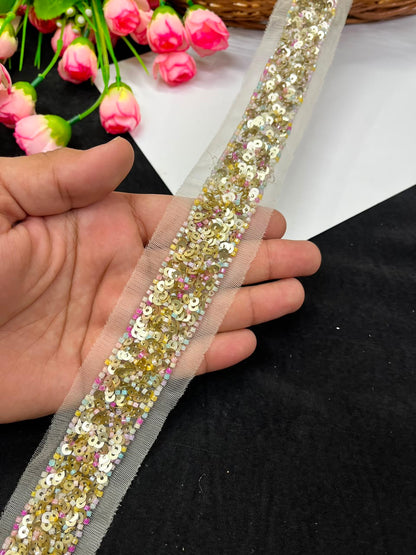 Beautiful Sequence Embroidered Lace for Sarees, Dresses, Lehengas & Dupattas – Designer Gold Embroidery Lace Border (1 Inch) | DC1039 | Multi