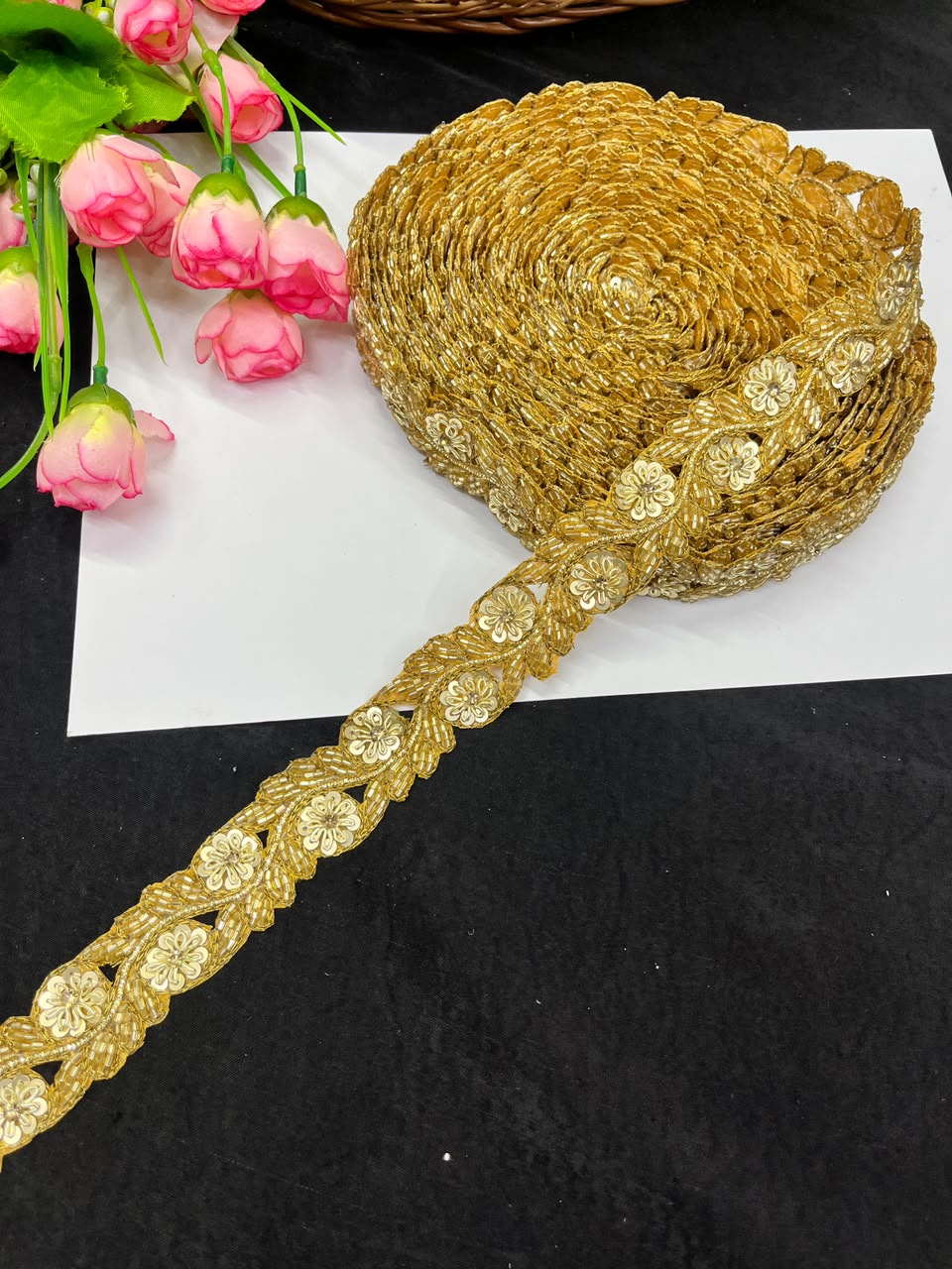 Handmade Cutdana Pipe Work Lace for Sarees, Lehengas, Dresses & Dupattas – Premium Handcrafted Embellished Lace Border (1 Inch) | DC1040 | Antique