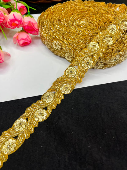 Handmade Cutdana Pipe Work Lace for Sarees, Lehengas, Dresses & Dupattas – Premium Handcrafted Embellished Lace Border (1 Inch) | DC1040 | Antique