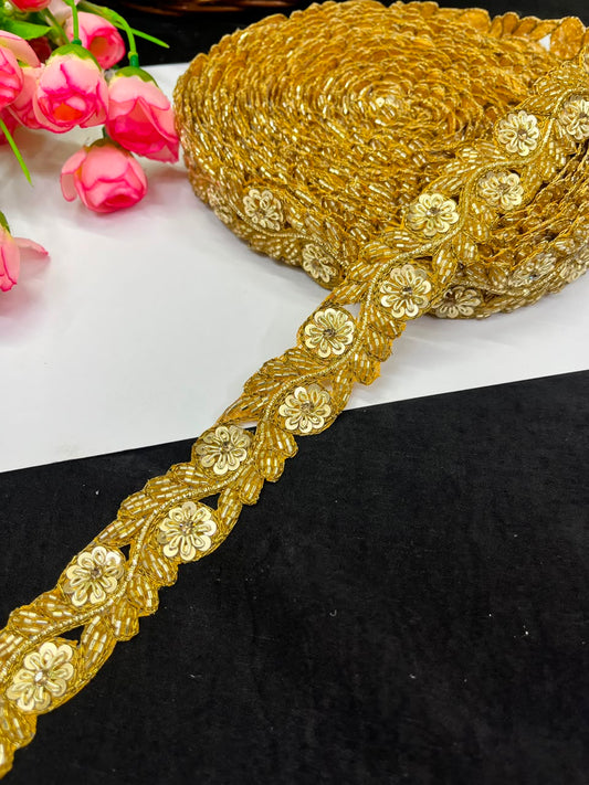 Handmade Cutdana Pipe Work Lace for Sarees, Lehengas, Dresses & Dupattas – Premium Handcrafted Embellished Lace Border (1 Inch) | DC1040 | Antique