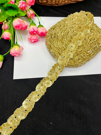 Handmade Cutdana Pipe Work Lace for Sarees, Lehengas, Dresses & Dupattas – Premium Handcrafted Embellished Lace Border (1 Inch) | DC1040 | Golden