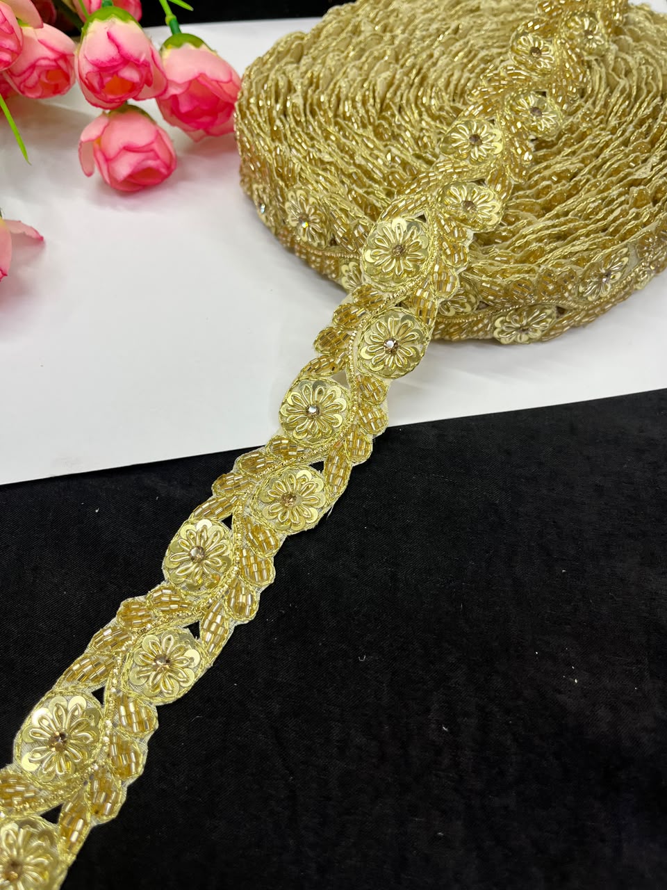 Handmade Cutdana Pipe Work Lace for Sarees, Lehengas, Dresses & Dupattas – Premium Handcrafted Embellished Lace Border (1 Inch) | DC1040 | Golden