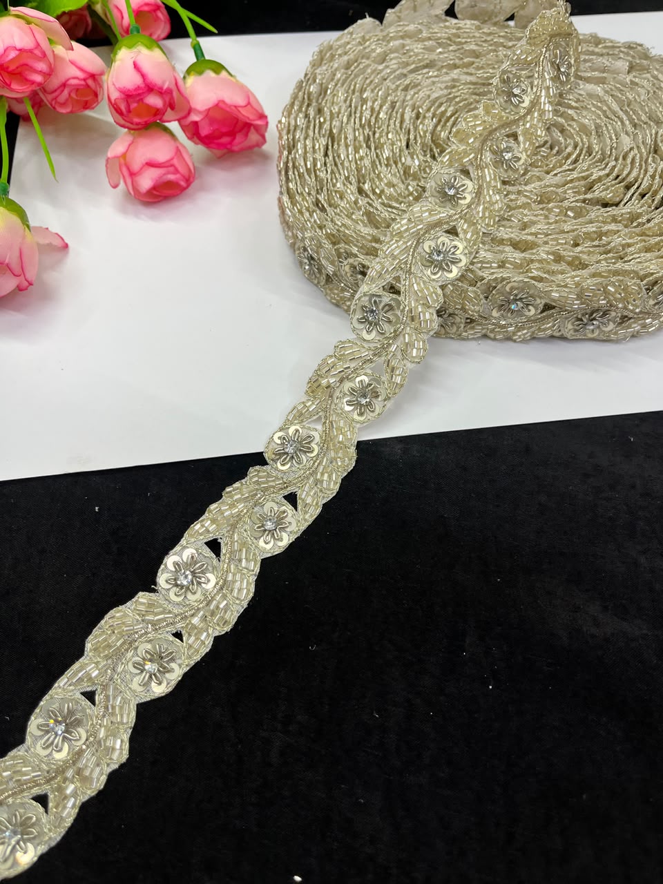 Handmade Cutdana Pipe Work Lace for Sarees, Lehengas, Dresses & Dupattas – Premium Handcrafted Embellished Lace Border (1 Inch) | DC1040 | Pani Gold