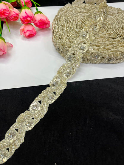 Handmade Cutdana Pipe Work Lace for Sarees, Lehengas, Dresses & Dupattas – Premium Handcrafted Embellished Lace Border (1 Inch) | DC1040 | Pani Gold