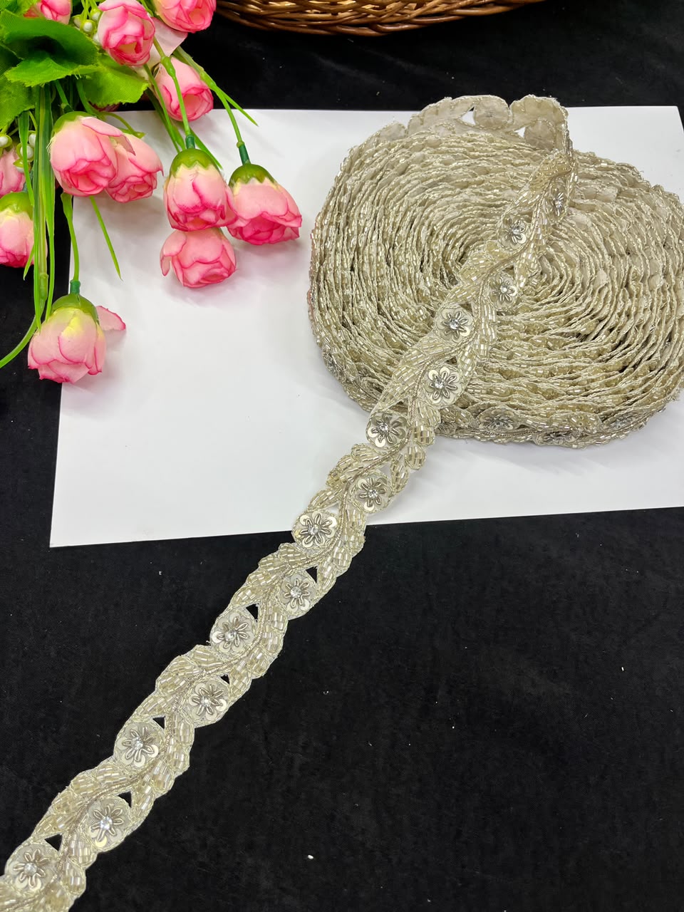 Handmade Cutdana Pipe Work Lace for Sarees, Lehengas, Dresses & Dupattas – Premium Handcrafted Embellished Lace Border (1 Inch) | DC1040 | Pani Gold